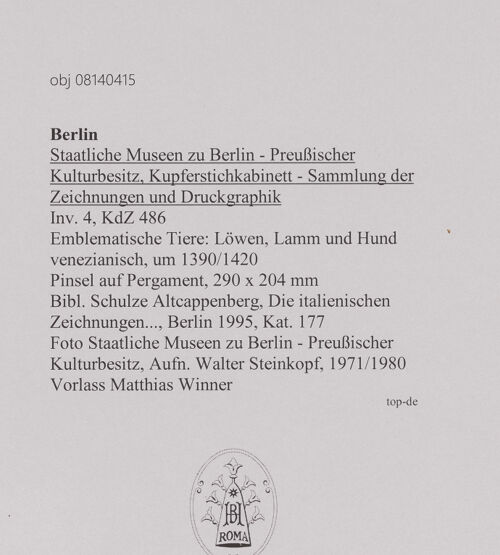 Rückseite von Staatliche Museen zu Berlin - Preußischer Kulturbesitz [https://www.deutsche-digitale-bibliothek.de/content/lizenzen/rv-ez/] Emblematische Tiere: Löwen, Lamm und Hund - Gesamtansicht, bh607407_recto. Foto: Steinkopf, Walter.