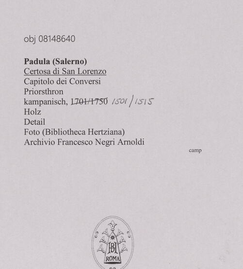 Rückseite von unbekannt [https://www.deutsche-digitale-bibliothek.de/content/lizenzen/rv-ez/] Stuhl des Priors mit dem heiligen Lorenz - Detail, bh607475_recto. Foto.