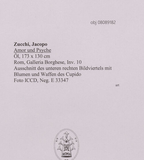 Rückseite von ICCD [https://www.deutsche-digitale-bibliothek.de/content/lizenzen/rv-ez/] Amor und Psyche - Ausschnitt des unteren rechten Bildviertels mit Blumen und Waffen des Cupido, bh607497_recto. Foto.