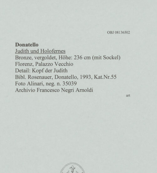 Rückseite von Alinari [https://www.deutsche-digitale-bibliothek.de/content/lizenzen/rv-ez/] Judith und Holofernes - Detail: Kopf der Judith, bh607612_recto. Foto.