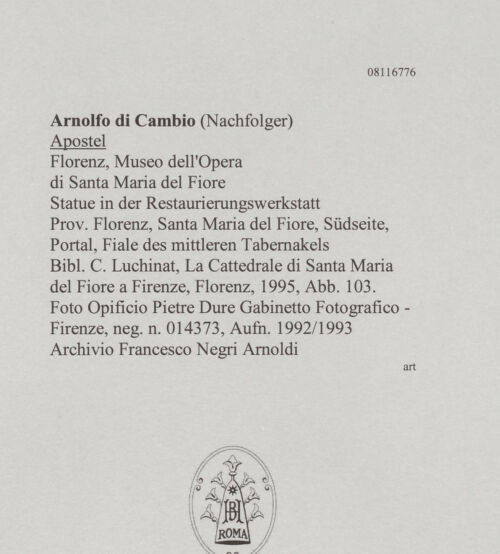 Rückseite von Opificio Pietre Dure Gabinetto Fotografico - Firenze [https://www.deutsche-digitale-bibliothek.de/content/lizenzen/rv-ez/] Apostel - Statue in der Restaurierungswerkstatt, bh607653_recto. Foto.