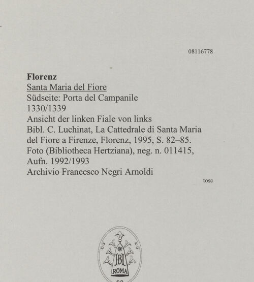 Rückseite von unbekannt [https://www.deutsche-digitale-bibliothek.de/content/lizenzen/rv-fz/] Porta del Campanile - Ansicht der linken Fiale von links, bh607655_recto. Foto.