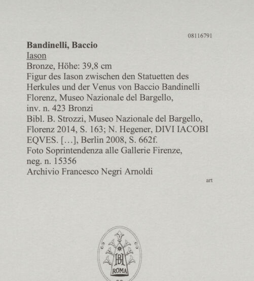 Rückseite von Soprintendenza alle Gallerie Firenze [https://www.deutsche-digitale-bibliothek.de/content/lizenzen/rv-ez/] Iason - Figur des Iason zwischen den Statuetten des Herkules und der Venus von Baccio Bandinelli., bh607667_recto. Foto.