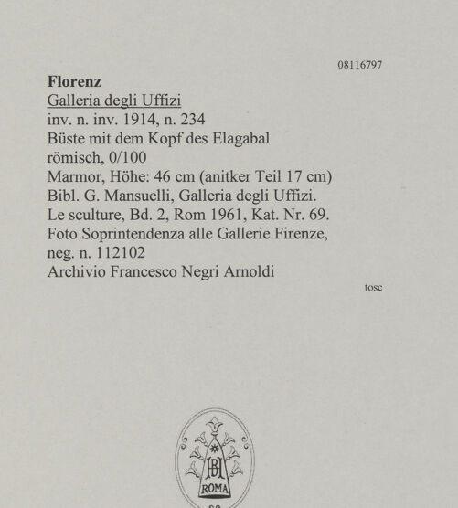 Rückseite von Soprintendenza alle Gallerie Firenze [https://www.deutsche-digitale-bibliothek.de/content/lizenzen/rv-ez/] Büste mit dem Kopf des Elagabal - , bh607675_recto. Foto.