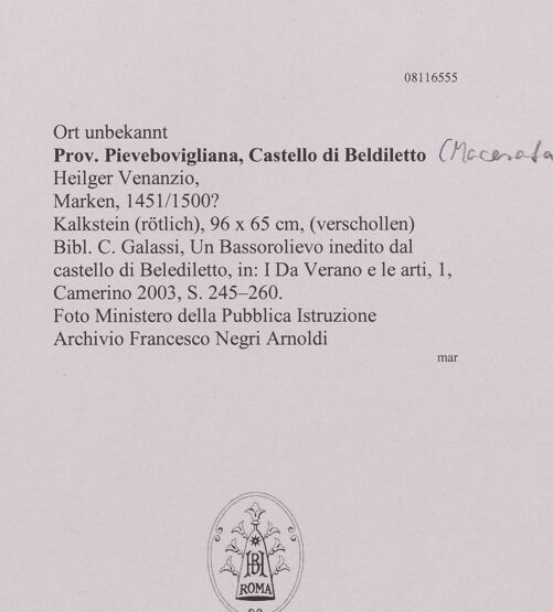 Rückseite von Ministero della Pubblica Istruzione [https://www.deutsche-digitale-bibliothek.de/content/lizenzen/rv-ez/] Heilger Venanzio - , bh607682_recto. Foto.