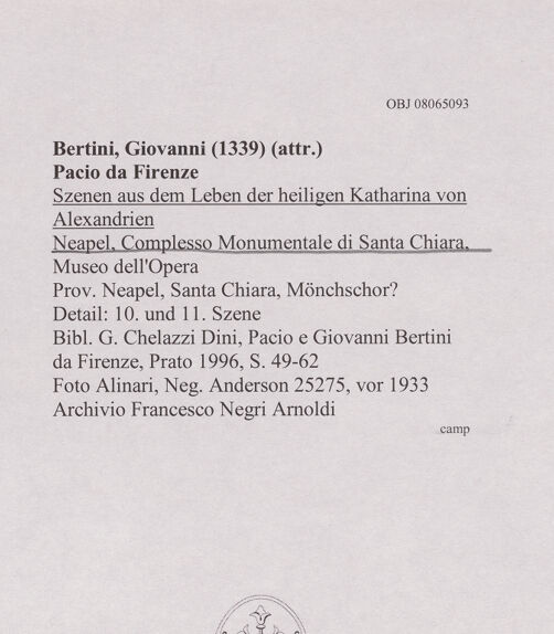 Rückseite von Alinari [https://www.deutsche-digitale-bibliothek.de/content/lizenzen/rv-ez/] Szenen aus dem Leben der heiligen Katharina von Alexandrien - Szene 10: die Folterräder der Katharina werden von Engeln zerstört; Szene 11: Katharina wird enthauptet (vor 1943), bh607832_recto. Foto.