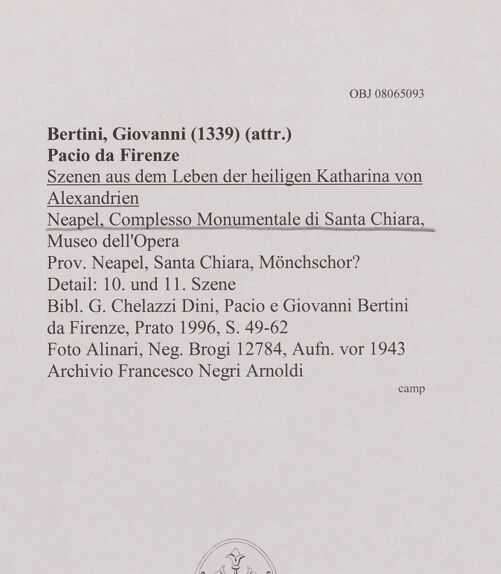 Rückseite von Alinari [https://www.deutsche-digitale-bibliothek.de/content/lizenzen/rv-ez/] Szenen aus dem Leben der heiligen Katharina von Alexandrien - Szene 10: die Folterräder der Katharina werden von Engeln zerstört; Szene 11: Katharina wird enthauptet (vor 1943), bh607833_recto. Foto.