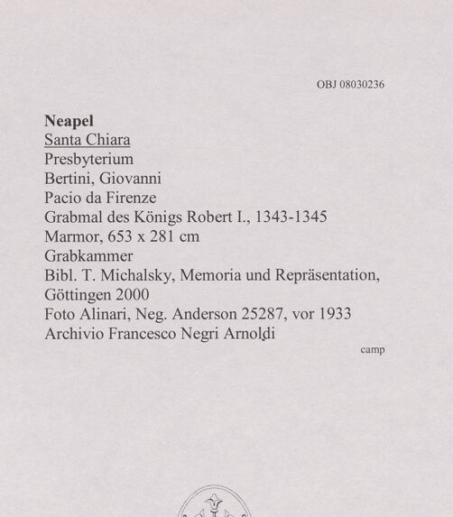 Rückseite von Alinari [https://www.deutsche-digitale-bibliothek.de/content/lizenzen/rv-ez/] Grabmal des Königs Robert I.Untere Hälfte: Karyatiden, Sarkophag und Grabkammer - Gesamtansicht, bh607845_recto. Foto.