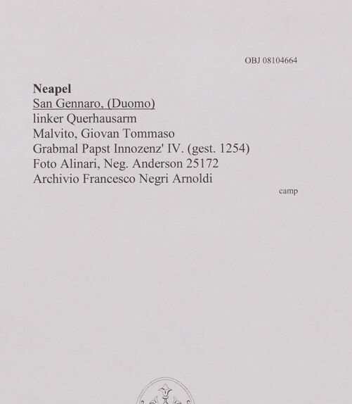 Rückseite von Alinari [https://www.deutsche-digitale-bibliothek.de/content/lizenzen/rv-ez/] Grabmal Papst Innozenz' IV. (gest. 1254) - Gesamtansicht, bh607917_recto. Foto.