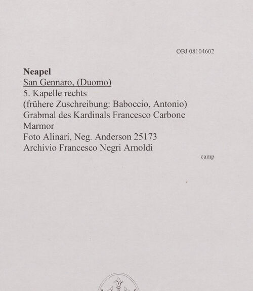 Rückseite von Alinari [https://www.deutsche-digitale-bibliothek.de/content/lizenzen/rv-ez/] Grabmal des Kardinals Francesco Carbone (gest. 1405) - Gesamtansicht, bh607937_recto. Foto.