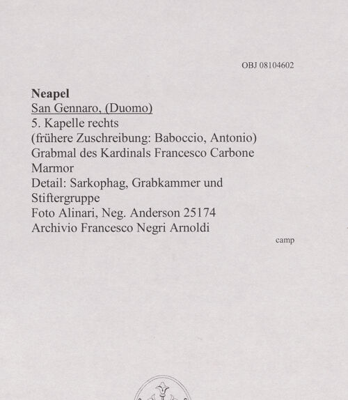 Rückseite von Alinari [https://www.deutsche-digitale-bibliothek.de/content/lizenzen/rv-ez/] Grabmal des Kardinals Francesco Carbone (gest. 1405) - Detail: Sarkophag, Grabkammer und Stiftergruppe, bh607938_recto. Foto.