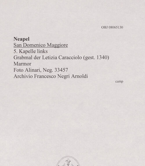 Rückseite von Alinari [https://www.deutsche-digitale-bibliothek.de/content/lizenzen/rv-ez/] Grabmal der Letizia Caracciolo (gest. 1340) - Gesamtansicht, bh607943_recto. Foto.