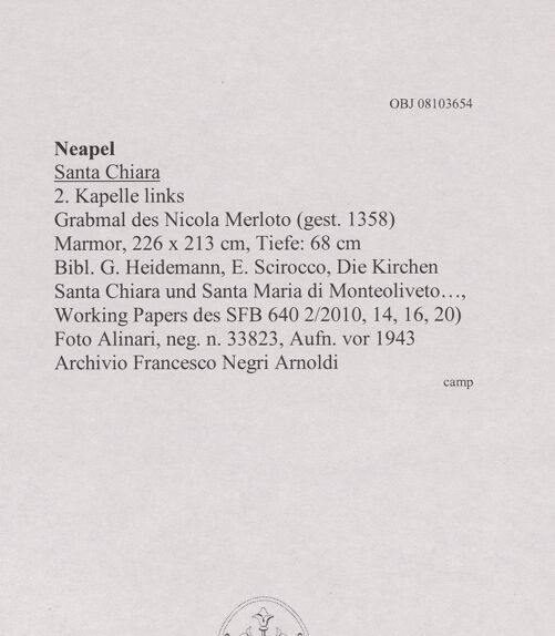 Rückseite von Alinari [https://www.deutsche-digitale-bibliothek.de/content/lizenzen/rv-ez/] Grabmal des Nicola Merloto (gest. 1358) - Gesamtansicht (vor 1943), bh607952_recto. Foto.