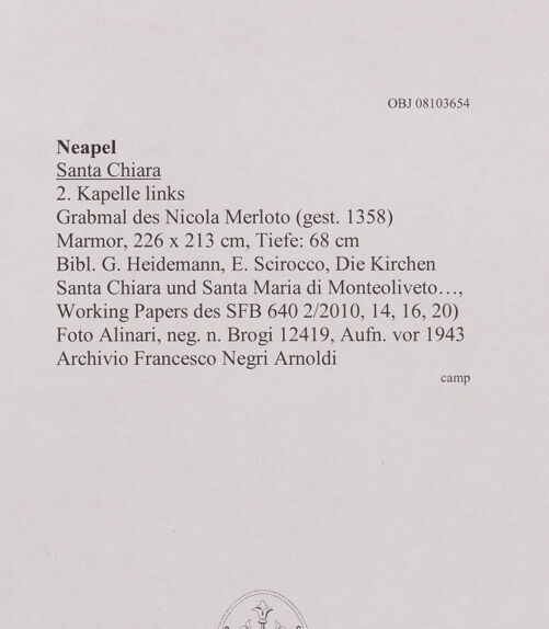 Rückseite von Alinari [https://www.deutsche-digitale-bibliothek.de/content/lizenzen/rv-ez/] Grabmal des Nicola Merloto (gest. 1358) - Gesamtansicht (vor 1943), bh607953_recto. Foto.