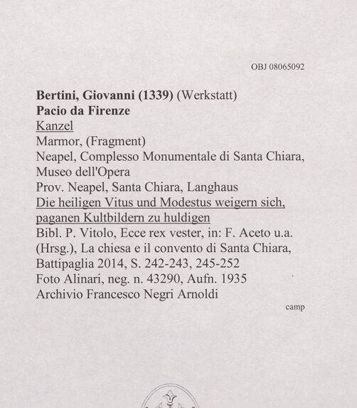 Rückseite von Alinari [https://www.deutsche-digitale-bibliothek.de/content/lizenzen/rv-ez/] KanzelDie heiligen Vitus und Modestus weigern sich, paganen Kultbildern zu huldigen - Gesamtansicht (vor 1943), bh607958_recto. Foto.