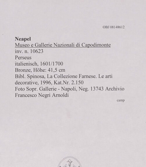 Rückseite von Soprintendenza Gallerie - Napoli [https://www.deutsche-digitale-bibliothek.de/content/lizenzen/rv-ez/] Perseus - , bh607972_recto. Foto.
