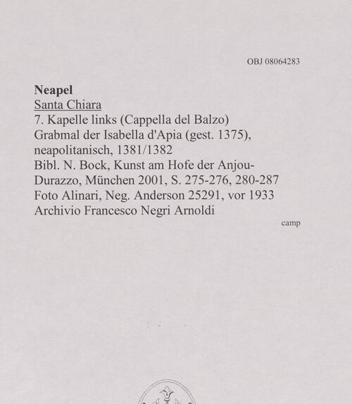 Rückseite von Alinari [https://www.deutsche-digitale-bibliothek.de/content/lizenzen/rv-ez/] Grabmal der Isabella d'Apia (gest. 1375) - Frontalansicht, bh607979_recto. Foto.