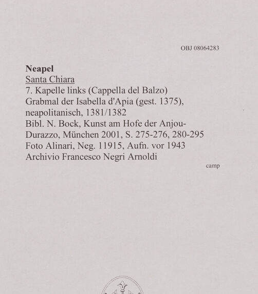 Rückseite von Alinari [https://www.deutsche-digitale-bibliothek.de/content/lizenzen/rv-ez/] Grabmal der Isabella d'Apia (gest. 1375) - Frontalansicht, bh607980_recto. Foto.