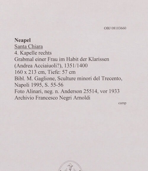 Rückseite von Alinari [https://www.deutsche-digitale-bibliothek.de/content/lizenzen/rv-ez/] Grabmal einer Frau im Habit der Klarissen (Andrea Acciaiuoli?) - Gesamtansicht (vor 1933), bh607981_recto. Foto.