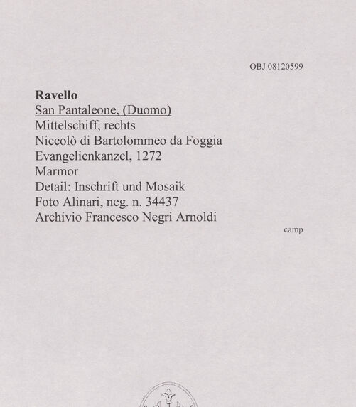 Rückseite von Alinari [https://www.deutsche-digitale-bibliothek.de/content/lizenzen/rv-ez/] Evangelienkanzel - Detail: Inschrift und Mosaik, bh607982_recto. Foto.