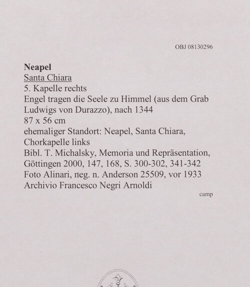 Rückseite von Alinari [https://www.deutsche-digitale-bibliothek.de/content/lizenzen/rv-ez/] Fragmente der Grabmäler Marias von Anjou (Kalabrien) und Ludwigs von DurazzoEngel tragen die Seele zu Himmel (aus dem Grab Ludwigs von Durazzo) - Gesamtansicht, bh607987_recto. Foto.