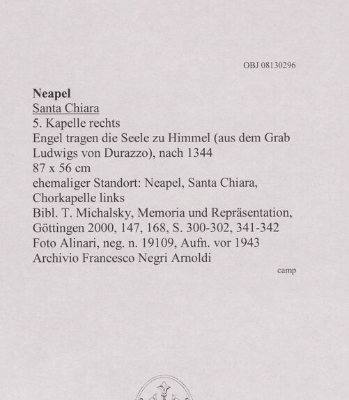 Rückseite von Alinari [https://www.deutsche-digitale-bibliothek.de/content/lizenzen/rv-ez/] Fragmente der Grabmäler Marias von Anjou (Kalabrien) und Ludwigs von DurazzoEngel tragen die Seele zu Himmel (aus dem Grab Ludwigs von Durazzo) - Gesamtansicht, bh607988_recto. Foto.