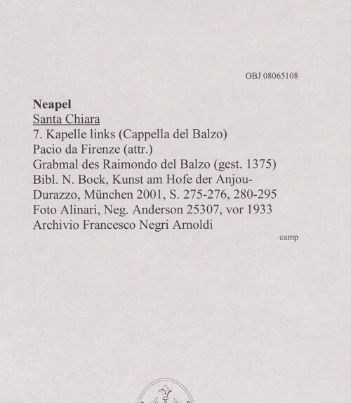 Rückseite von Alinari [https://www.deutsche-digitale-bibliothek.de/content/lizenzen/rv-ez/] Grabmal des Raimondo del Balzo (gest. 1375) - Gesamtansicht, bh607992_recto. Foto.