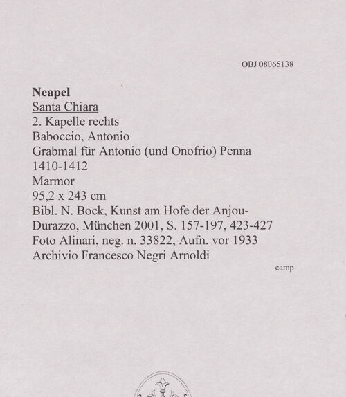 Rückseite von Alinari [https://www.deutsche-digitale-bibliothek.de/content/lizenzen/rv-ez/] Grabmal für Antonio (und Onofrio) PennaMadonna mit den Heiligen Leonhard, Hieronymus, Johannes dem Täufer, Paulus Eremita, Antonius Abbas und Onuphrius - Gesamtansicht vor 1943, bh607997_recto. Foto.