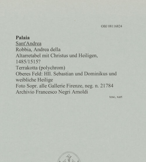 Rückseite von Soprintendenza alle Gallerie  Firenze [https://www.deutsche-digitale-bibliothek.de/content/lizenzen/rv-ez/] Altarretabel mit Christus und Heiligen - Detail: Oberes Feld mit den Heiligen Sebastian und Dominikus und einer weiblichen Heiligen, bh608038_recto. Foto.