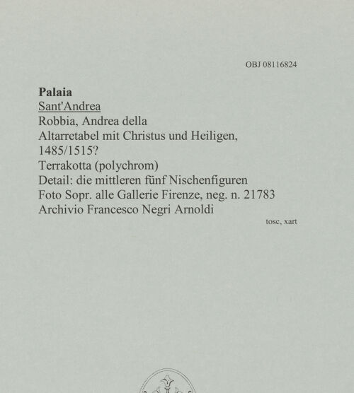 Rückseite von Soprintendenza alle Gallerie  Firenze [https://www.deutsche-digitale-bibliothek.de/content/lizenzen/rv-ez/] Altarretabel mit Christus und Heiligen - Detail: die mittleren fünf Nischenfiguren., bh608040_recto. Foto.