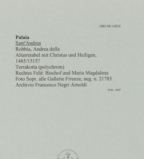Rückseite von Soprintendenza alle Gallerie  Firenze [https://www.deutsche-digitale-bibliothek.de/content/lizenzen/rv-ez/] Altarretabel mit Christus und Heiligen - Detail: Rechtes Feld mit Bischof und Maria Magdalena, bh608041_recto. Foto.