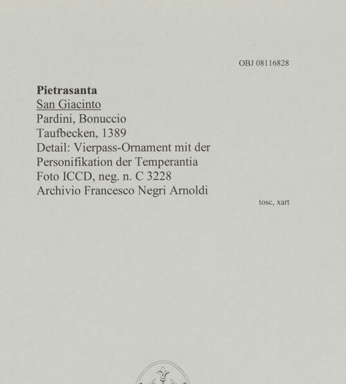 Rückseite von ICCD [https://www.deutsche-digitale-bibliothek.de/content/lizenzen/rv-ez/] Taufbecken - Detail: Vierpass-Ornament mit der Personifikation der Temperantia, bh608043_recto. Foto.