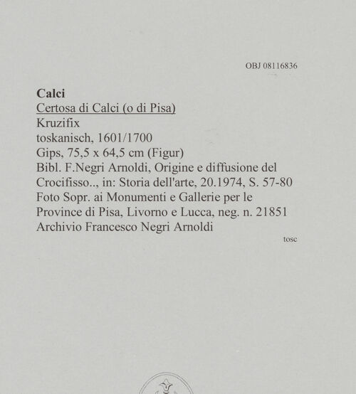 Rückseite von Soprintendenza ai Monumenti e Gallerie per le Province di Pisa, Livorno, Lucca e Massa Carrara [https://www.deutsche-digitale-bibliothek.de/content/lizenzen/rv-ez/] Kruzifix - Gesamtansicht, bh608045_recto. Foto.