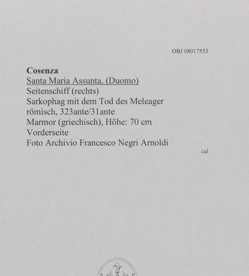 Rückseite von unbekannt [https://www.deutsche-digitale-bibliothek.de/content/lizenzen/rv-fz/] Sarkophag mit dem Tod des MeleagerTod des Meleager - Vorderseite, bh608069_recto. Foto.