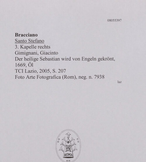 Rückseite von Arte Fotografica (Rom) [https://www.deutsche-digitale-bibliothek.de/content/lizenzen/rv-ez/] Der Heilige Sebastian wird von Engeln gekrönt - Gesamtansicht, bh608092_recto. Foto.
