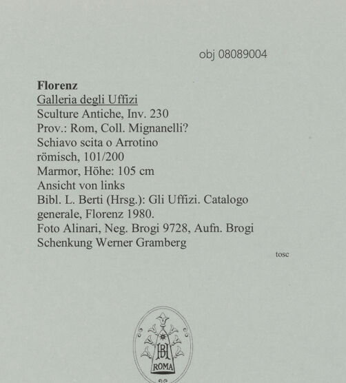 Rückseite von Alinari [https://www.deutsche-digitale-bibliothek.de/content/lizenzen/rv-ez/] Schiavo scita o Arrotino - Gesamtansicht der linken Seite, bh608094_recto. Foto: Brogi.