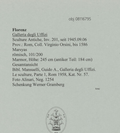 Rückseite von Alinari [https://www.deutsche-digitale-bibliothek.de/content/lizenzen/rv-ez/] Marsyas - Gesamtansicht, bh608099_recto. Foto.