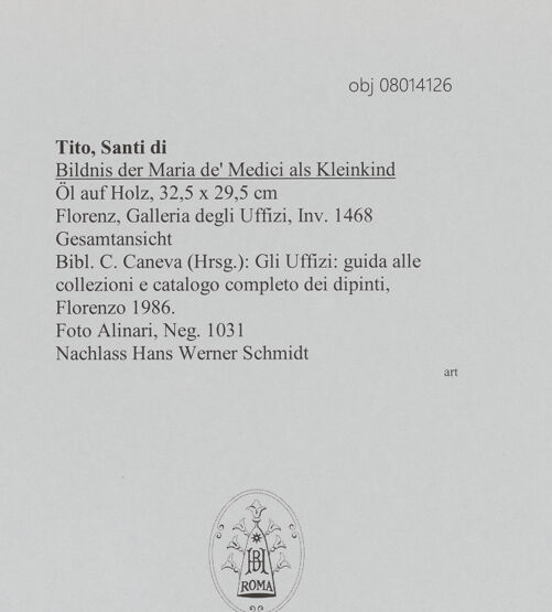 Rückseite von Alinari [https://www.deutsche-digitale-bibliothek.de/content/lizenzen/rv-ez/] Bildnis der Maria de' Medici als Kleinkind - Gesamtansicht, bh608127_recto. Foto.