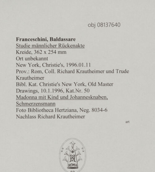 Rückseite von Bibliotheca Hertziana [https://www.deutsche-digitale-bibliothek.de/content/lizenzen/rv-fz/] Studie männlicher RückenakteMadonna mit Kind und Johannesknaben, Schmerzensmann - Gesamtansicht, bh608149_recto. Foto.