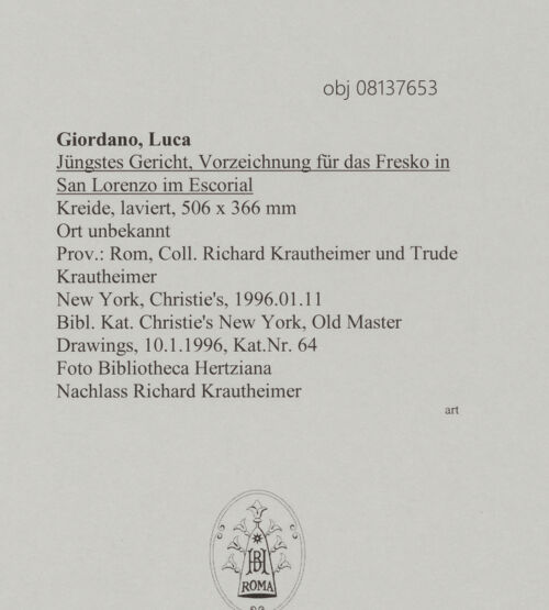 Rückseite von Bibliotheca Hertziana [https://www.deutsche-digitale-bibliothek.de/content/lizenzen/rv-fz/] Jüngstes Gericht, Vorzeichnung für das Fresko in San Lorenzo im Escorial - Gesamtansicht, bh608151_recto. Foto.