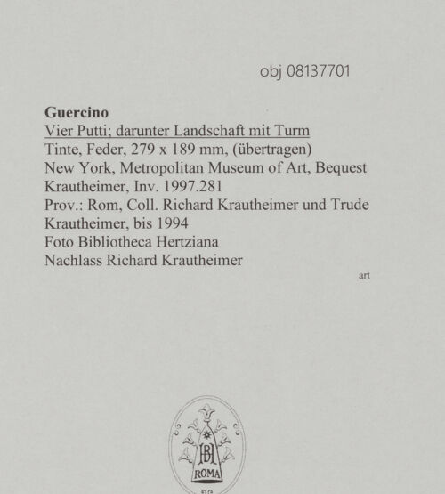 Rückseite von Bibliotheca Hertziana [https://www.deutsche-digitale-bibliothek.de/content/lizenzen/rv-fz/] Vier Putti; darunter Landschaft mit Turm - Gesamtansicht, bh608154_recto. Foto.