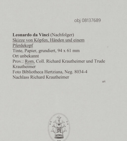 Rückseite von Bibliotheca Hertziana [https://www.deutsche-digitale-bibliothek.de/content/lizenzen/rv-fz/] Skizze von Köpfen, Händen und einem Pferdekopf - , bh608200_recto. Foto.