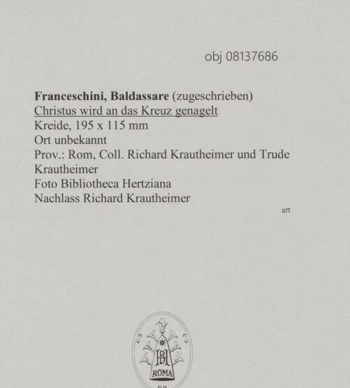 Rückseite von Bibliotheca Hertziana [https://www.deutsche-digitale-bibliothek.de/content/lizenzen/rv-fz/] Christus wird an das Kreuz genagelt - , bh608202_recto. Foto.