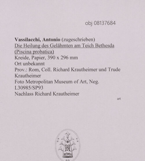 Rückseite von Metropolitan Museum of Art [https://www.deutsche-digitale-bibliothek.de/content/lizenzen/rv-ez/] Die Heilung des Gelähmten am Teich Bethesda (Piscina probatica) - , bh608208_recto. Foto.