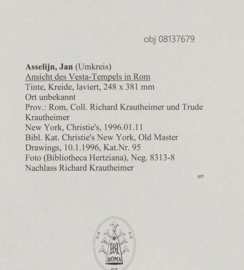 Rückseite von unbekannt [https://www.deutsche-digitale-bibliothek.de/content/lizenzen/rv-fz/] Ansicht des Vesta-Tempels in Rom - , bh608216_recto. Foto.