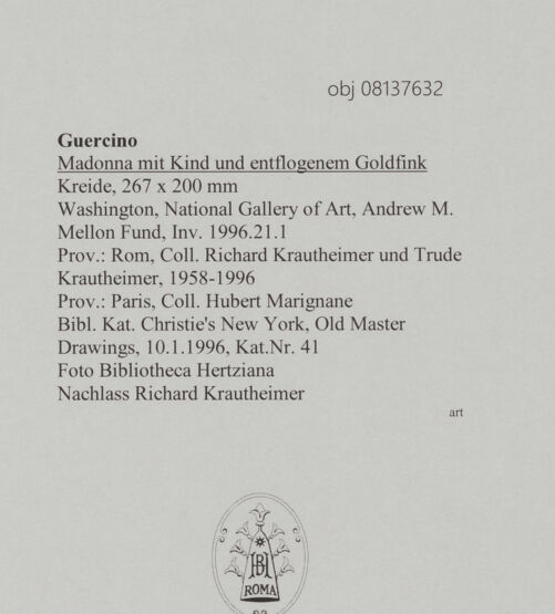 Rückseite von Bibliotheca Hertziana [https://www.deutsche-digitale-bibliothek.de/content/lizenzen/rv-fz/] Madonna mit Kind und entflogenem Goldfink - , bh608221_recto. Foto.