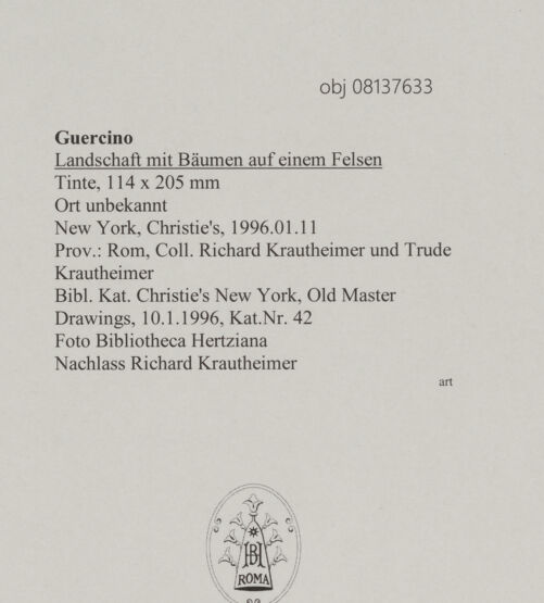 Rückseite von Bibliotheca Hertziana [https://www.deutsche-digitale-bibliothek.de/content/lizenzen/rv-fz/] Landschaft mit Bäumen auf einem Felsen - , bh608224_recto. Foto.