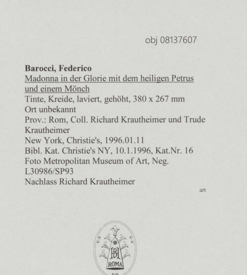 Rückseite von Metropolitan Museum of Art [https://www.deutsche-digitale-bibliothek.de/content/lizenzen/rv-ez/] Madonna in der Glorie mit dem heiligen Petrus und einem Mönch - , bh608227_recto. Foto.