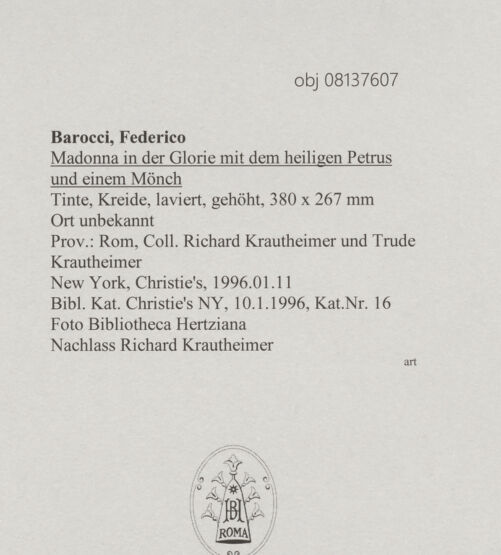 Rückseite von Bibliotheca Hertziana [https://www.deutsche-digitale-bibliothek.de/content/lizenzen/rv-fz/] Madonna in der Glorie mit dem heiligen Petrus und einem Mönch - , bh608228_recto. Foto.