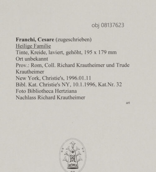 Rückseite von Bibliotheca Hertziana [https://www.deutsche-digitale-bibliothek.de/content/lizenzen/rv-fz/] Heilige Familie - , bh608230_recto. Foto.